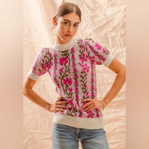 Fuchsia floral intarsia Puff Sleeve boho bohemian ribbed Tunic Top sweater - Picture 7 of 8